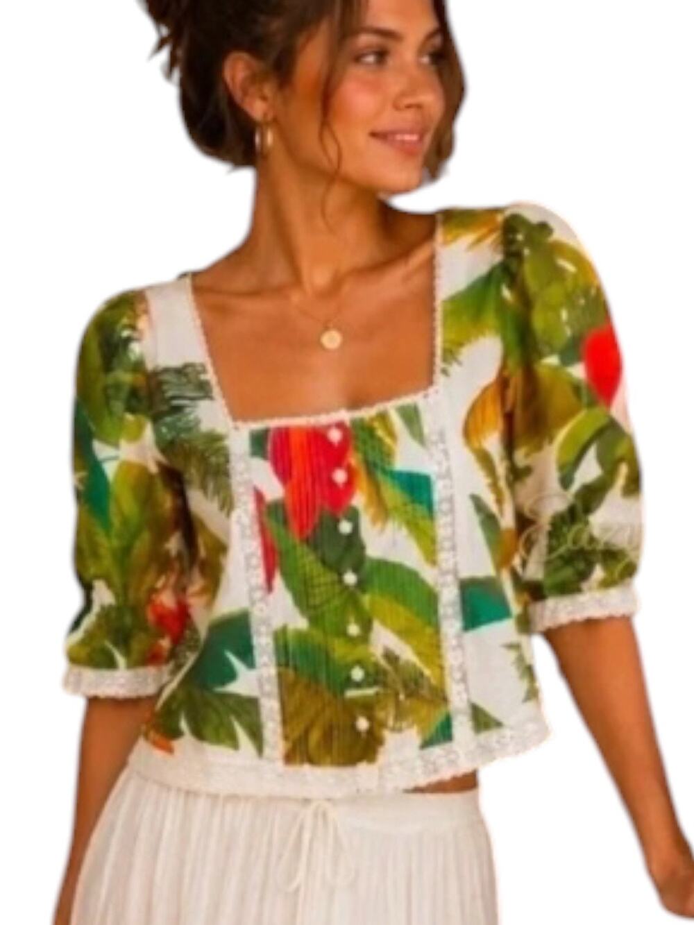 Farm Rio Cocoa Forest Puff-Sleeves Tropical Print Button Up Blouse